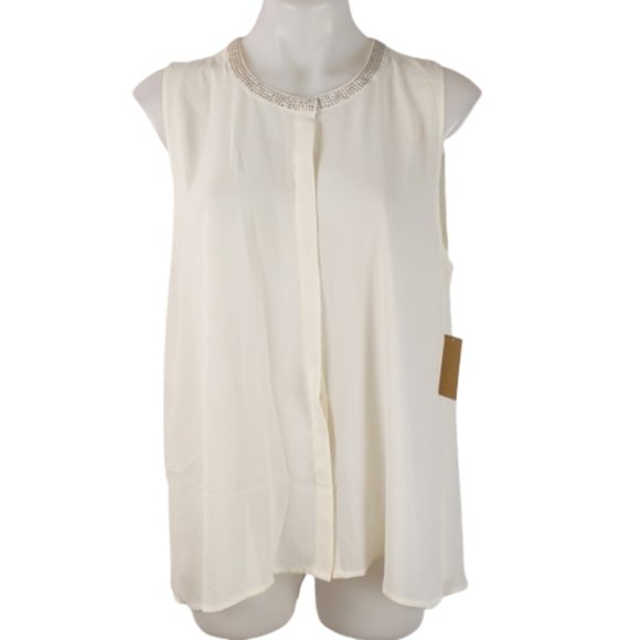 Rachel Roy Top Size XL Cream Sleeveless Button Up Front Hi-Low Hem Sheer NEW